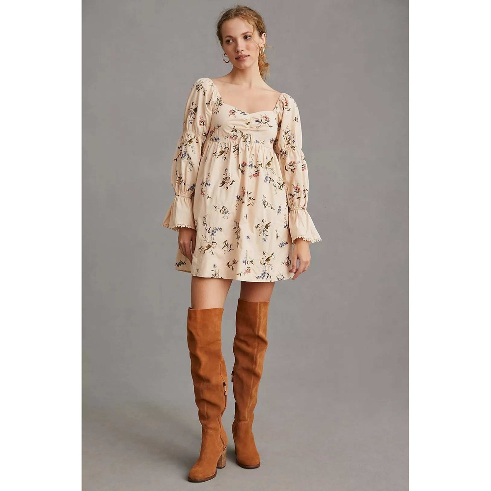 Anthropologie Floral Embroidered Puff Sleeve Mini Dress Babydoll Peasant XS NWT